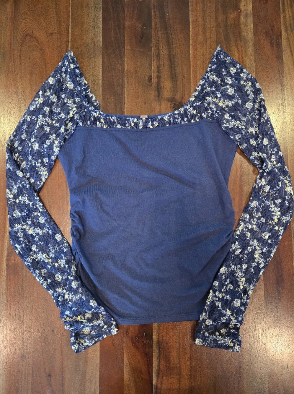 Free People Josie Lace Sleeve Bodice Top Indigo Blue Size Medium